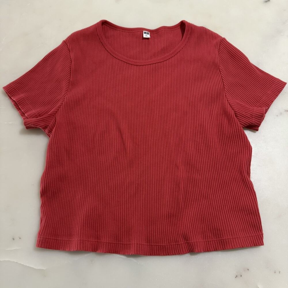UNIQLO Red Ribbed Knit Top Women's L Short Sleeve Casual Basic Cotton Spandex